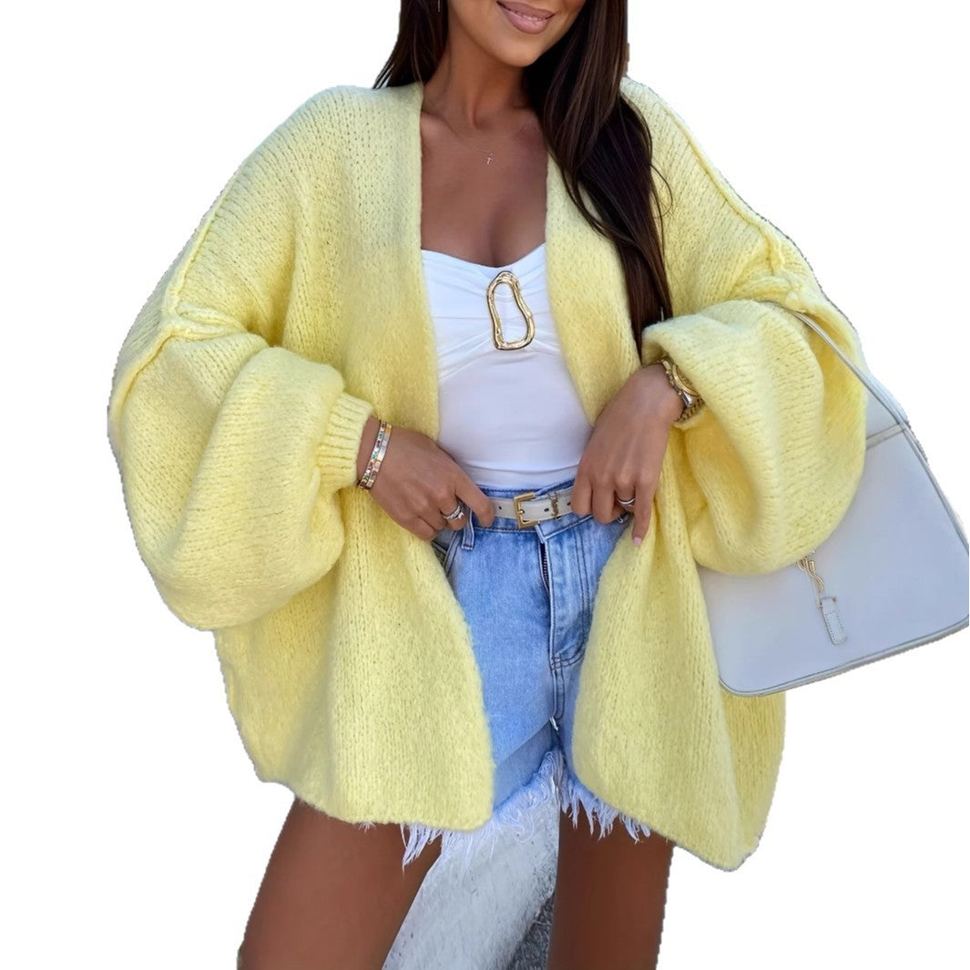 Autumn And Winter New Lantern Sleeve Outer Match Knitted Cardigan Women's Korean Style Lazy Style Bark Texture Sweater Baggy Coat - Tiff's Treasures