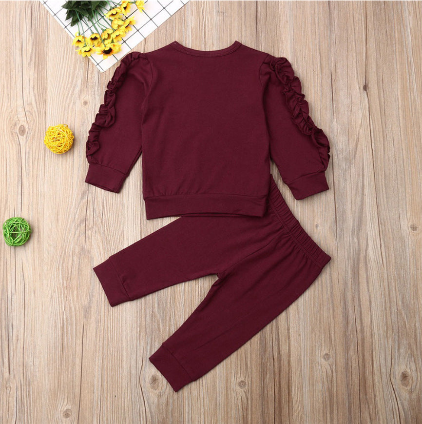 Newborn Baby Ruffles Jumper Solid Long Sleeve Sweatshirt Tops Pants Infant Kids 2Pcs Outfits Clothes Set - Tiff's Treasures