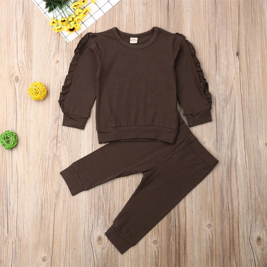 Newborn Baby Ruffles Jumper Solid Long Sleeve Sweatshirt Tops Pants Infant Kids 2Pcs Outfits Clothes Set - Tiff's Treasures