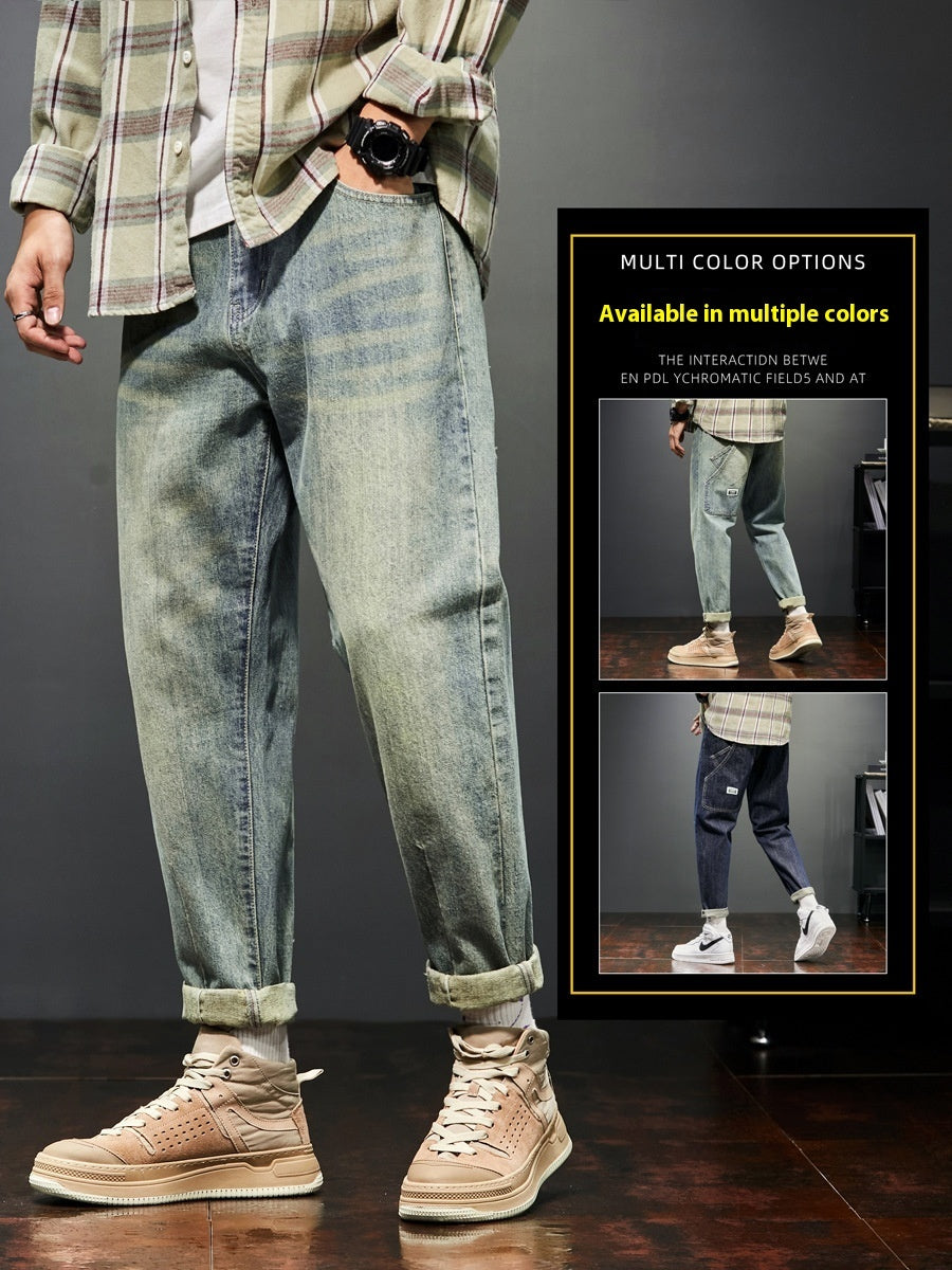 Men’s Retro Stretch Jeans – Yellow Mud Wash, Loose Fit Casual Denim Pants - Tiff's Treasures