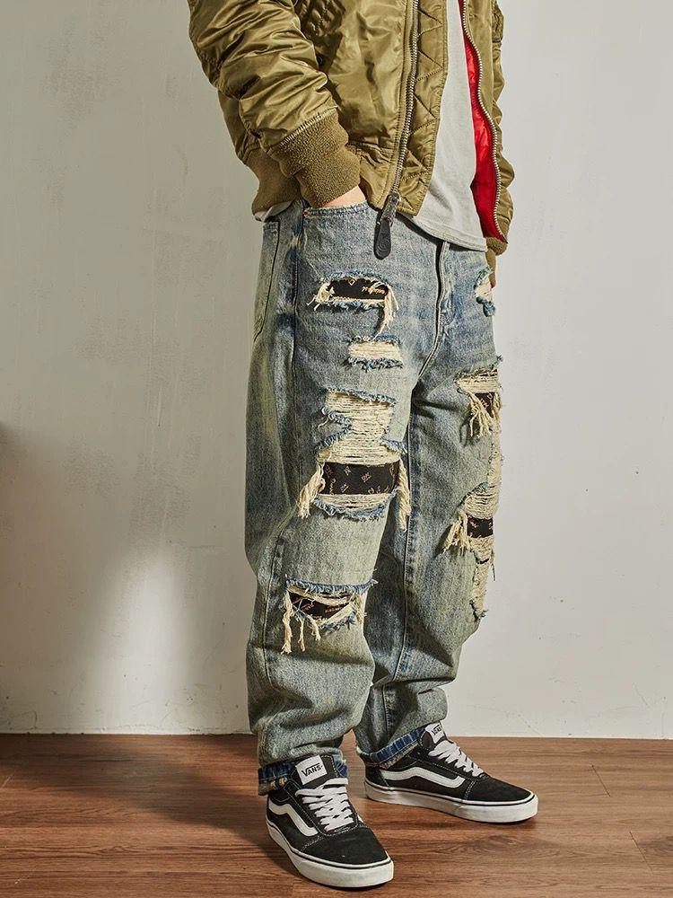 Men's Loose Straight Tapered Distressed Broken Holes Jeans Pants - Tiff's Treasures