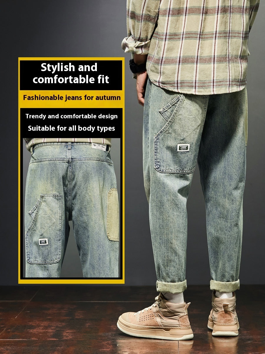 Men’s Retro Stretch Jeans – Yellow Mud Wash, Loose Fit Casual Denim Pants - Tiff's Treasures
