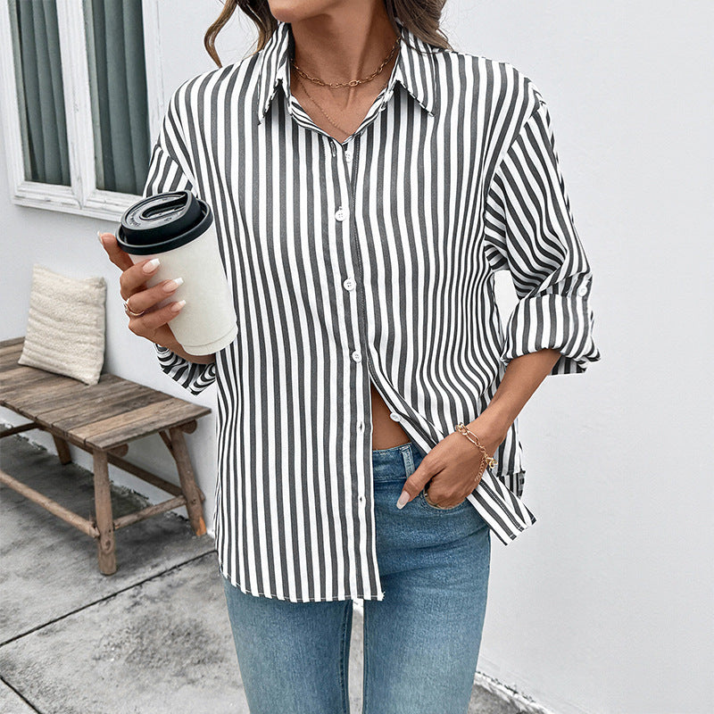 Casual Striped Long-sleeved Shirt Thin Coat For Women - Tiff's Treasures