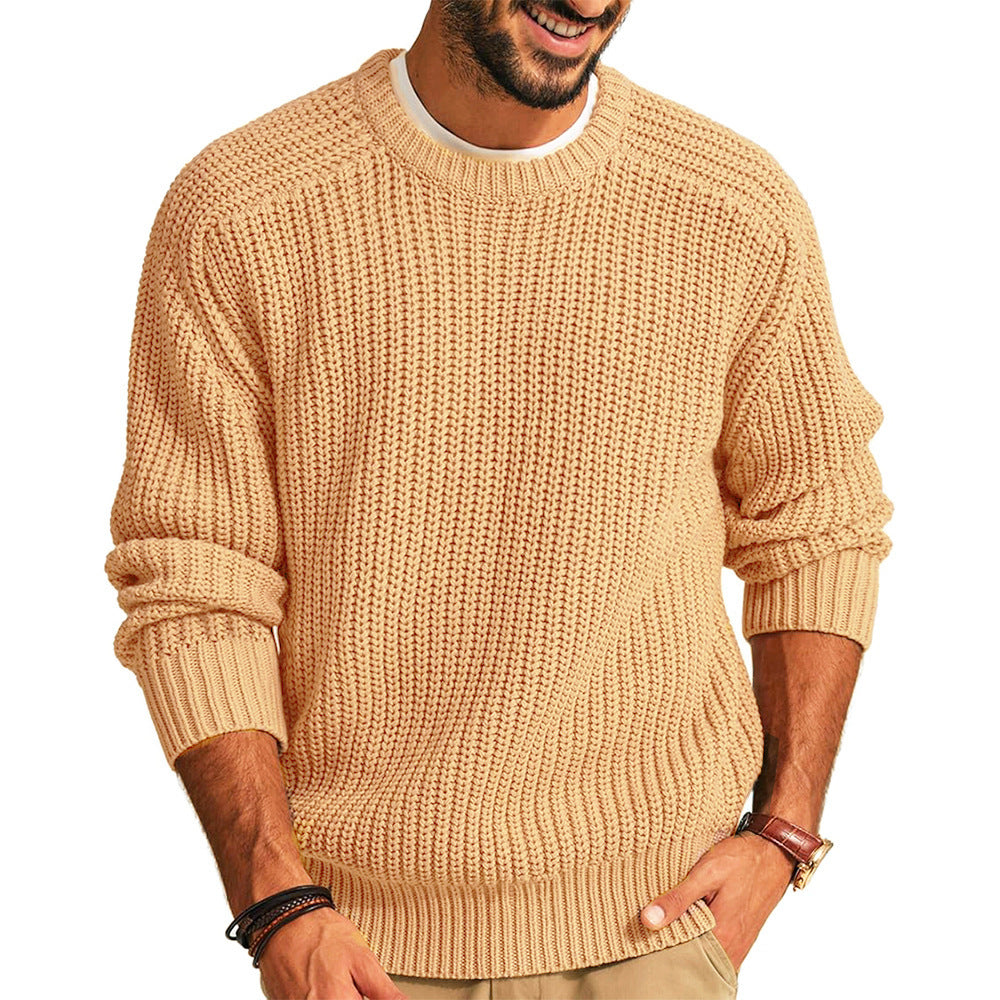 Men's Solid Color Long Sleeve Round Neck Fashion Sweater Loose Retro Sweater - Tiff's Treasures