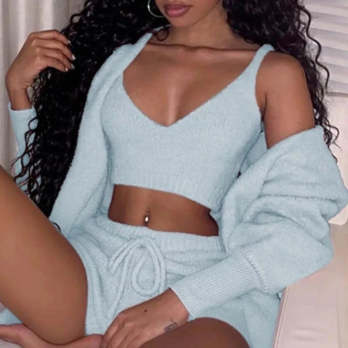 3pcs Womens Clothing Long Sleeve Crop Tank Top And Drawstring Shorts Pajama Set - Tiff's Treasures
