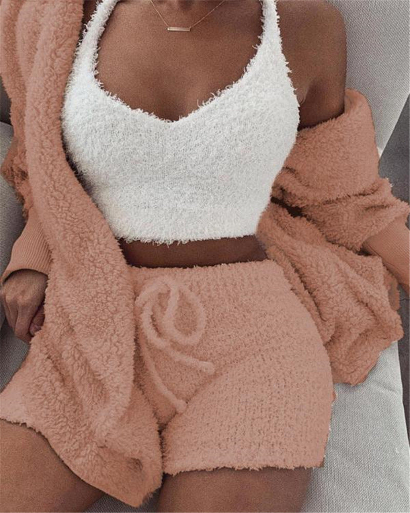 3pcs Womens Clothing Long Sleeve Crop Tank Top And Drawstring Shorts Pajama Set - Tiff's Treasures