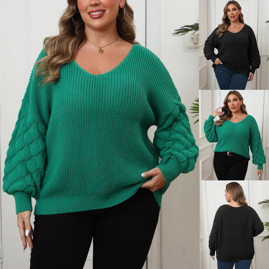 Plus Size Women's Pineapple Sleeve Stitching Deep V Woven Leisure Pullover Sweater - Tiff's Treasures