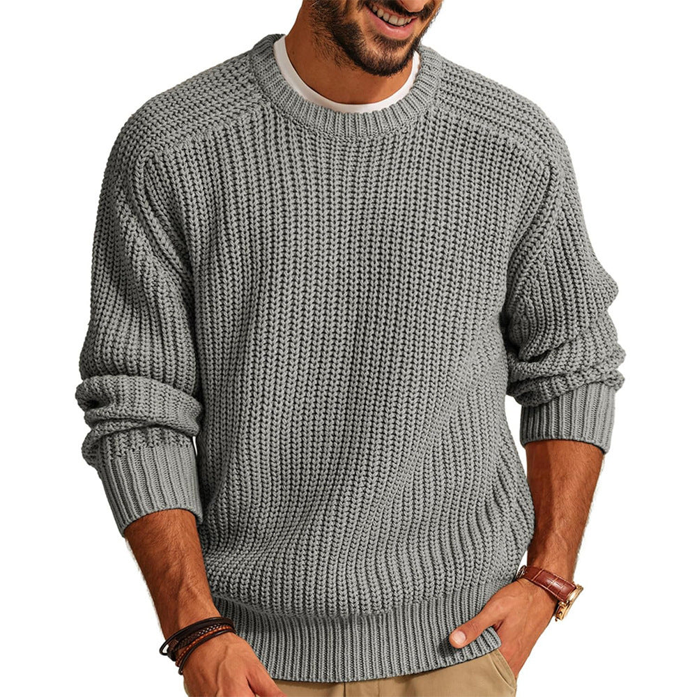 Men's Solid Color Long Sleeve Round Neck Fashion Sweater Loose Retro Sweater - Tiff's Treasures