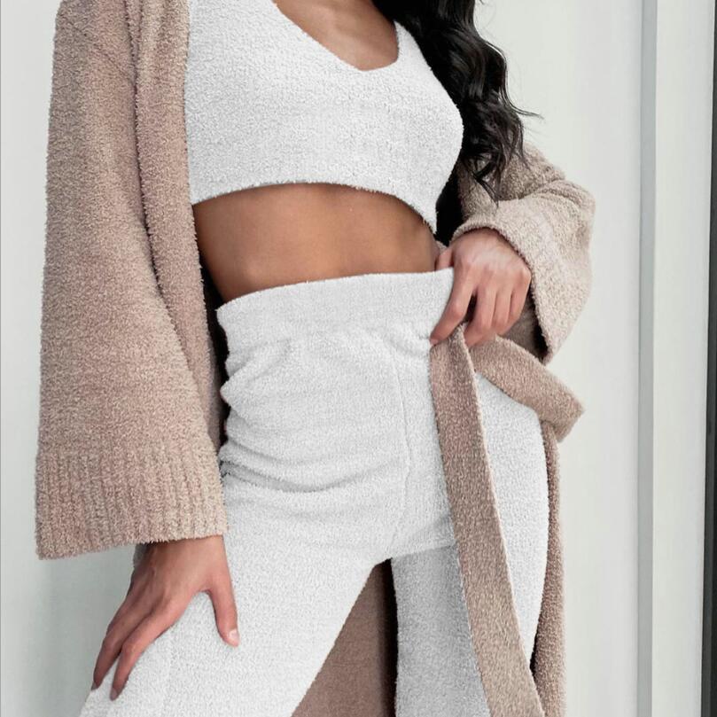 3pcs Womens Clothing Long Sleeve Crop Tank Top And Drawstring Shorts Pajama Set - Tiff's Treasures