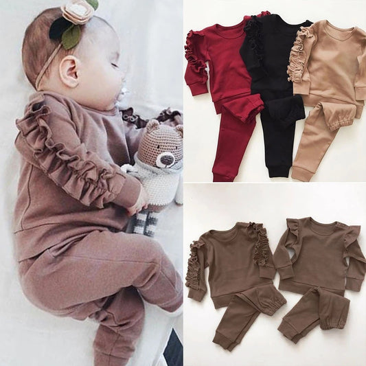 Newborn Baby Ruffles Jumper Solid Long Sleeve Sweatshirt Tops Pants Infant Kids 2Pcs Outfits Clothes Set - Tiff's Treasures