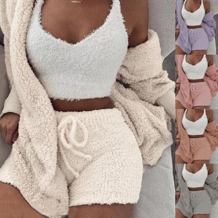 3pcs Womens Clothing Long Sleeve Crop Tank Top And Drawstring Shorts Pajama Set - Tiff's Treasures