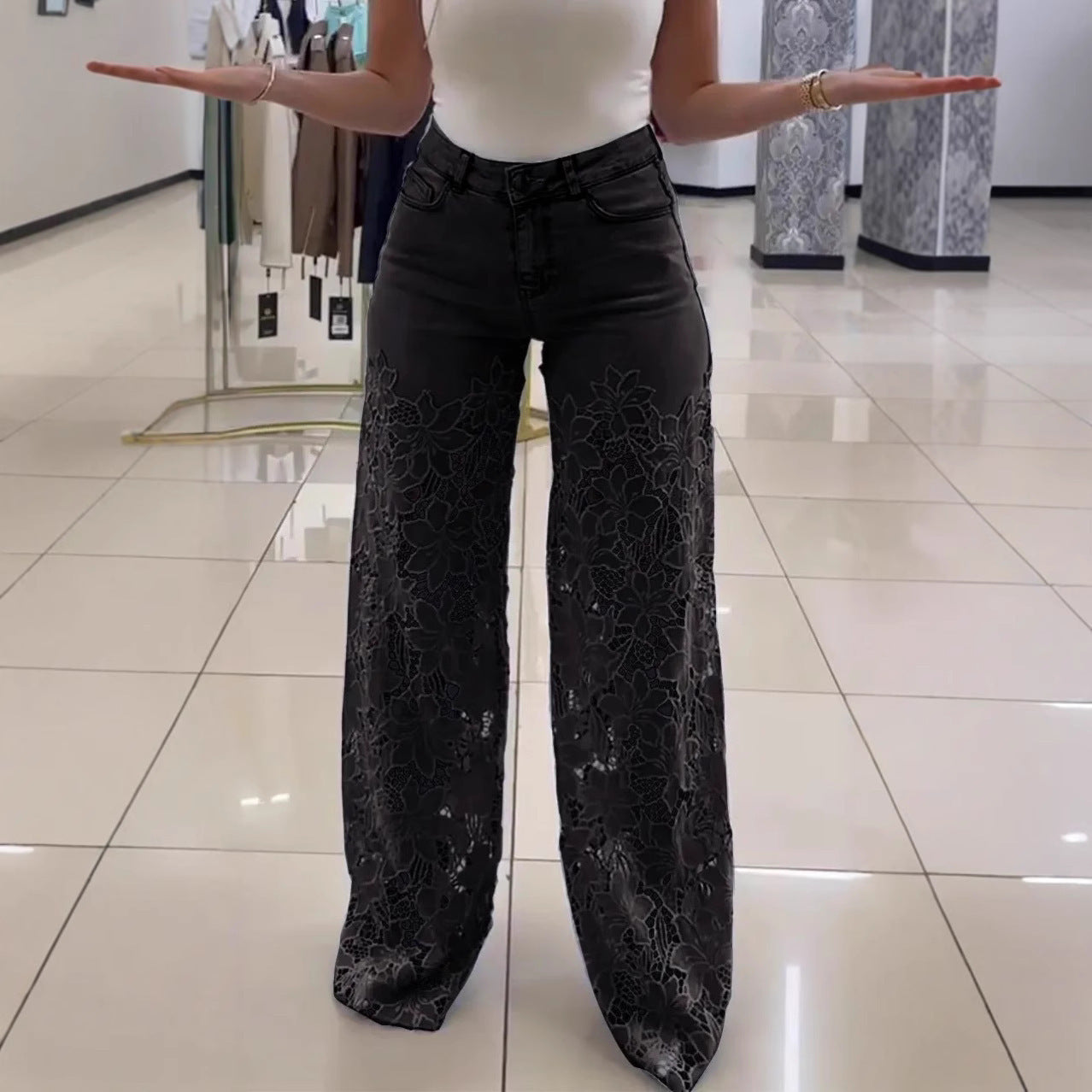 Y2K Lace Flowers Hollow Jeans Fashion High Waist Straight Wide Leg Pants Solid Color Trousers Women's Clothing - Tiff's Treasures