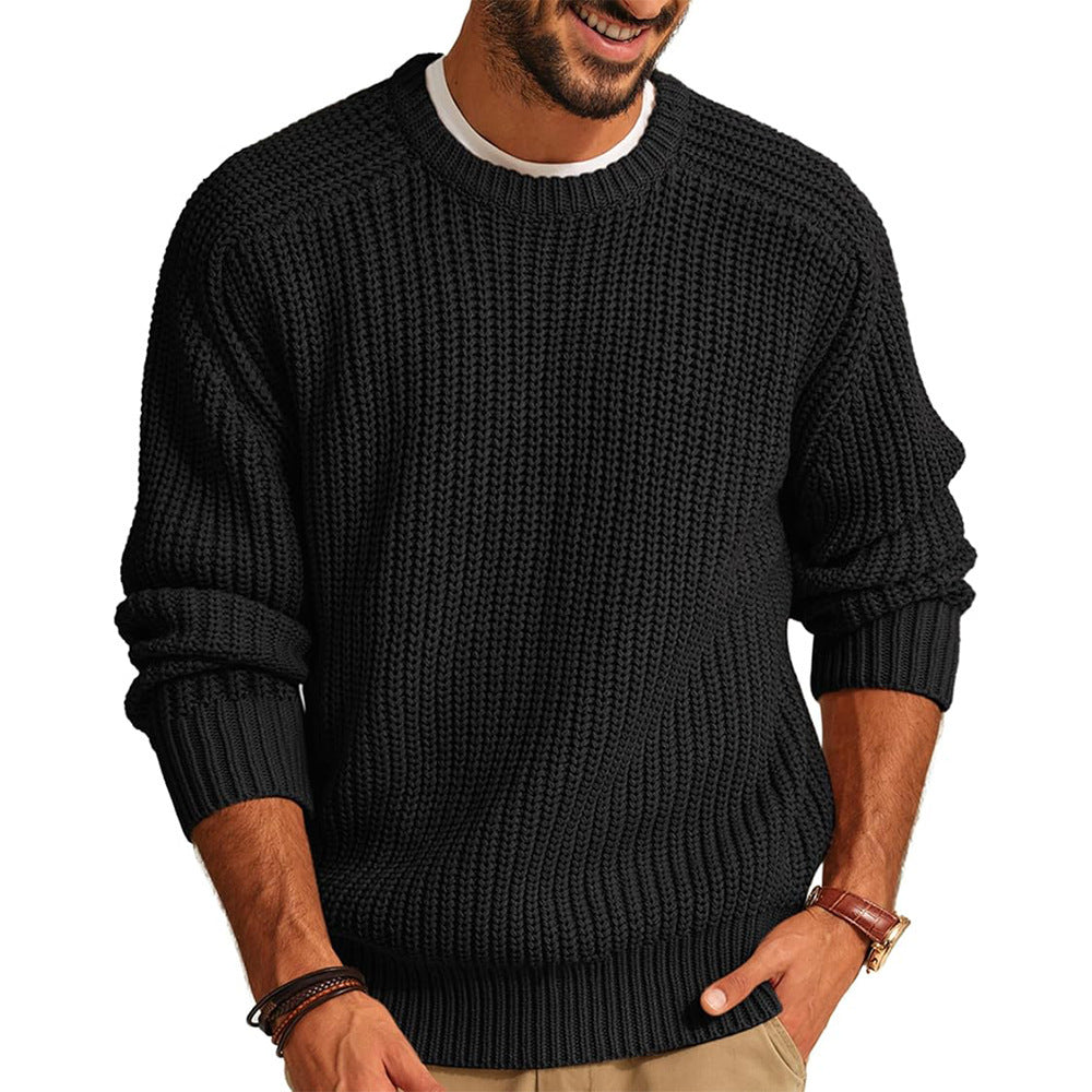 Men's Solid Color Long Sleeve Round Neck Fashion Sweater Loose Retro Sweater - Tiff's Treasures