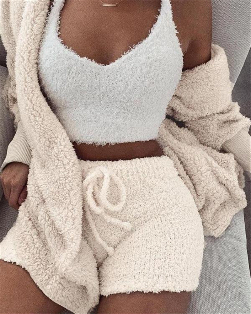 3pcs Womens Clothing Long Sleeve Crop Tank Top And Drawstring Shorts Pajama Set - Tiff's Treasures