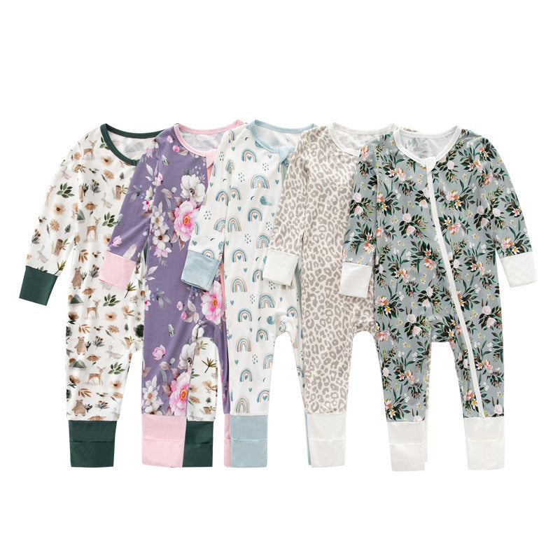 Bamboo Fiber Baby Jumpsuits Spring And Autumn Long Sleeve Double Zipper Baby Pajamas Romper - Tiff's Treasures