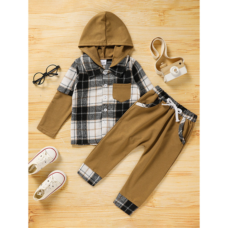 Toddler Baby Boy Clothes Plaid Long Sleeve Hoodie Sweatshirt & Pants 2pcs Boys Outfit Set - Tiff's Treasures