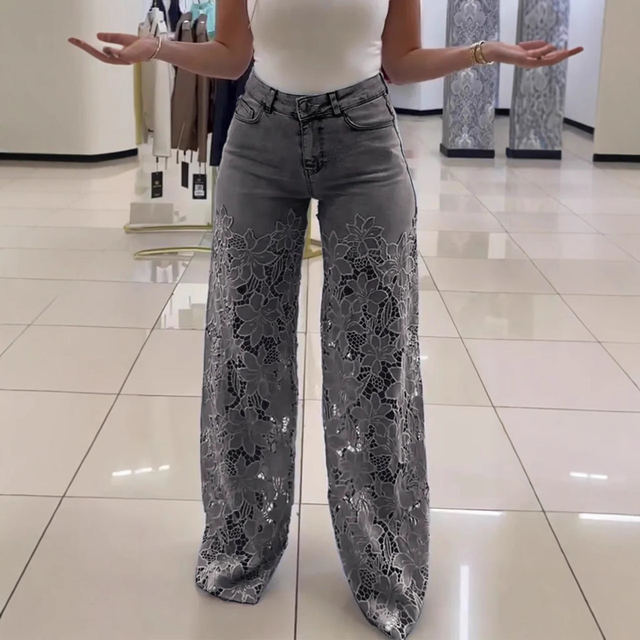 Y2K Lace Flowers Hollow Jeans Fashion High Waist Straight Wide Leg Pants Solid Color Trousers Women's Clothing - Tiff's Treasures