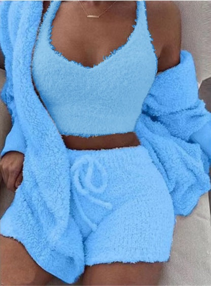 3pcs Womens Clothing Long Sleeve Crop Tank Top And Drawstring Shorts Pajama Set - Tiff's Treasures