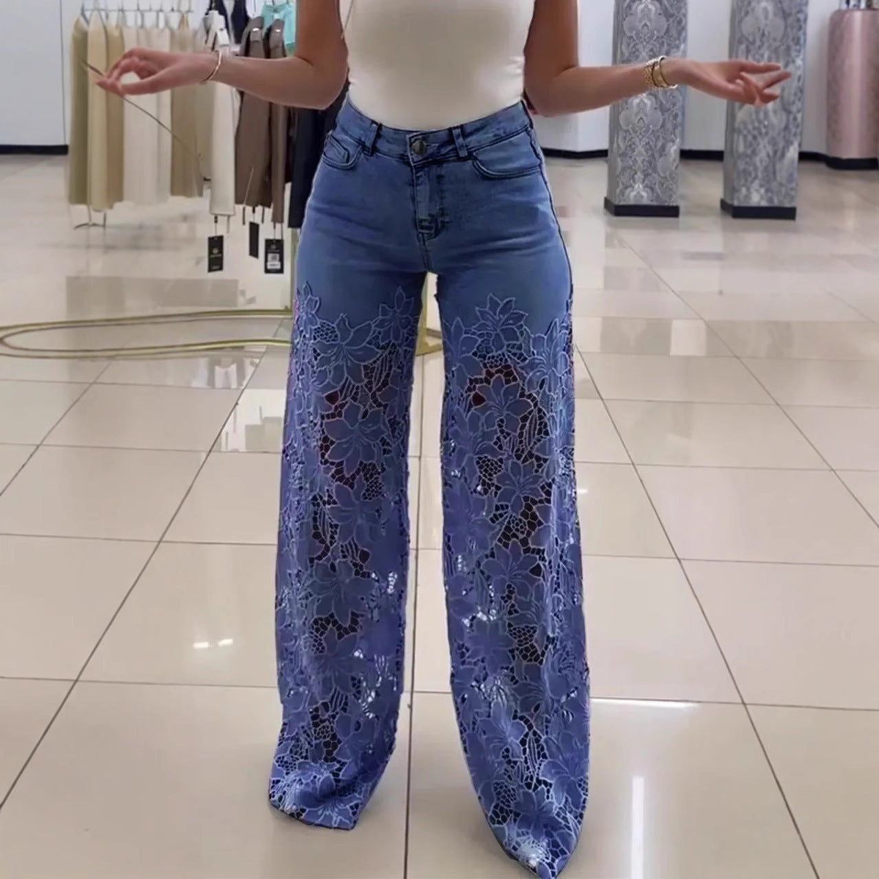 Y2K Lace Flowers Hollow Jeans Fashion High Waist Straight Wide Leg Pants Solid Color Trousers Women's Clothing - Tiff's Treasures