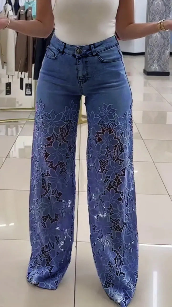 Y2K Lace Flowers Hollow Jeans Fashion High Waist Straight Wide Leg Pants Solid Color Trousers Women's Clothing - Tiff's Treasures
