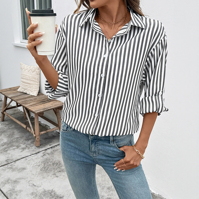 Casual Striped Long-sleeved Shirt Thin Coat For Women - Tiff's Treasures