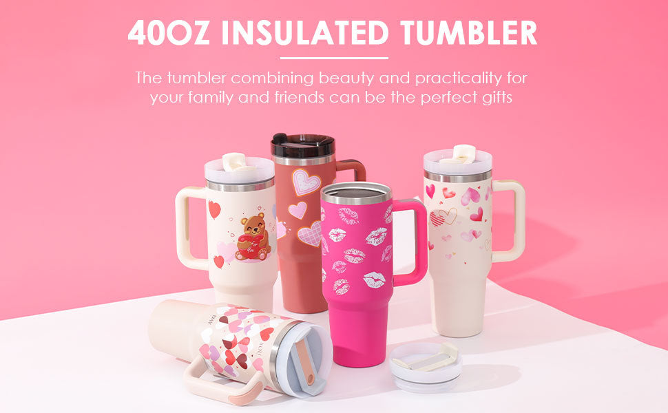 40 Oz Tumbler With Handle Straw Insulated, Stainless Steel Spill Proof Vacuum Coffee Cup Tumbler With Lid Tapered Mug Gifts For Valentine Lover Suitable For Car Gym Office Travel - Tiff's Treasures