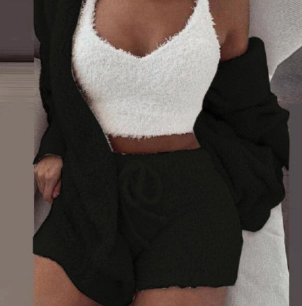 3pcs Womens Clothing Long Sleeve Crop Tank Top And Drawstring Shorts Pajama Set - Tiff's Treasures