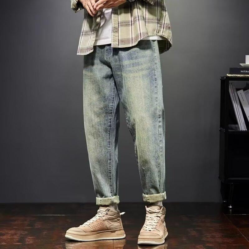 Men’s Retro Stretch Jeans – Yellow Mud Wash, Loose Fit Casual Denim Pants - Tiff's Treasures