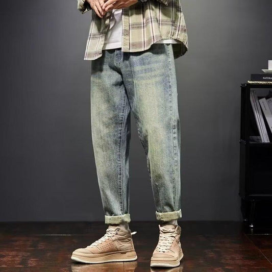 Men’s Retro Stretch Jeans – Yellow Mud Wash, Loose Fit Casual Denim Pants - Tiff's Treasures