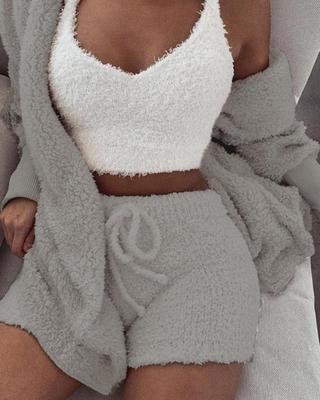 3pcs Womens Clothing Long Sleeve Crop Tank Top And Drawstring Shorts Pajama Set - Tiff's Treasures