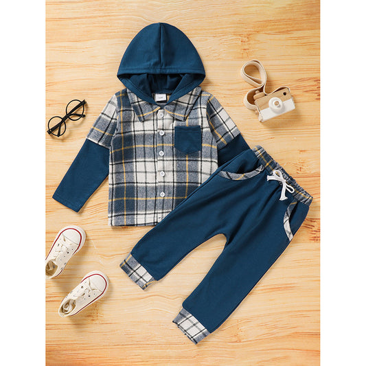 Toddler Baby Boy Clothes Plaid Long Sleeve Hoodie Sweatshirt & Pants 2pcs Boys Outfit Set - Tiff's Treasures