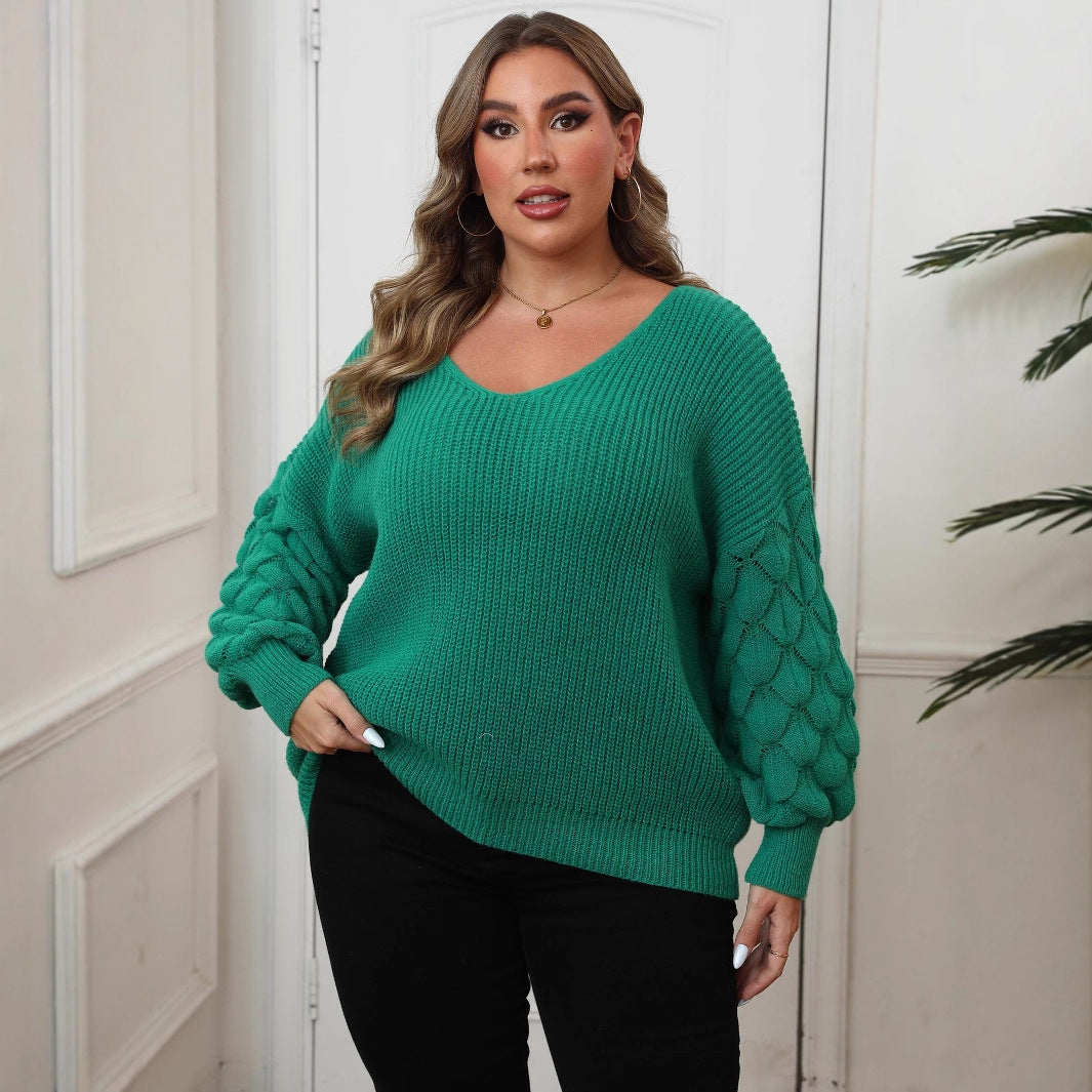 Plus Size Women's Pineapple Sleeve Stitching Deep V Woven Leisure Pullover Sweater - Tiff's Treasures