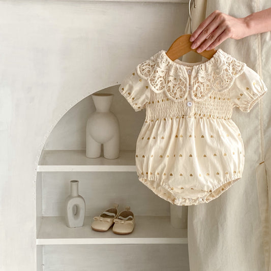 Big Lace Lapel Heart Printing Short Sleeved Kazakhstan Young Baby Girl Onesie Jumpsuit - Tiff's Treasures