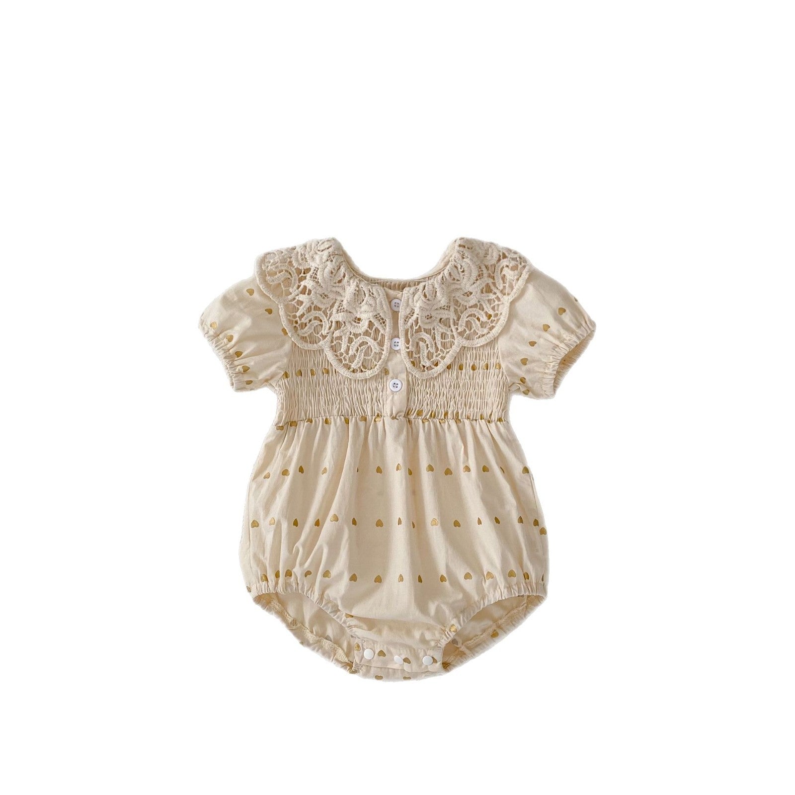 Big Lace Lapel Heart Printing Short Sleeved Kazakhstan Young Baby Girl Onesie Jumpsuit - Tiff's Treasures