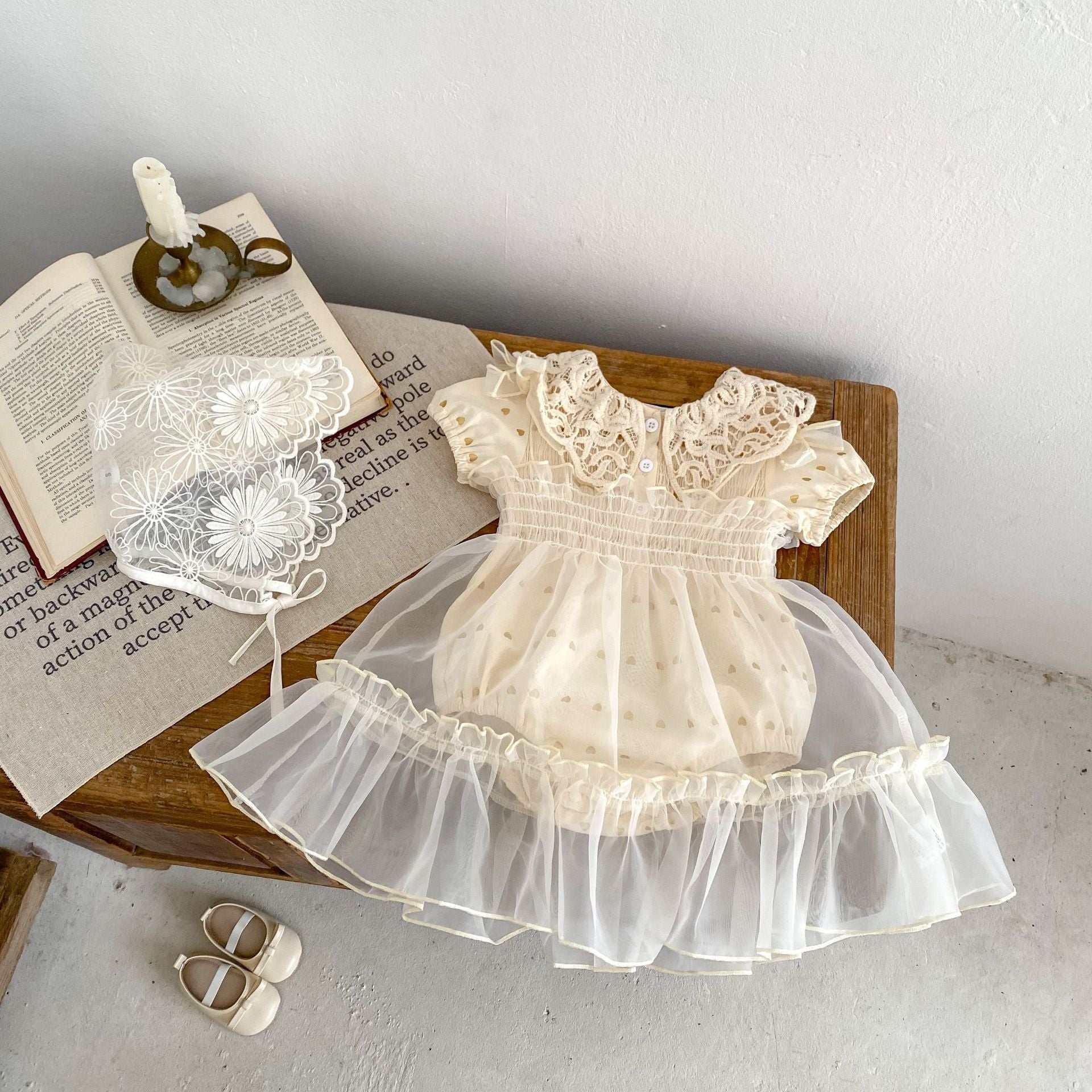 Big Lace Lapel Heart Printing Short Sleeved Kazakhstan Young Baby Girl Onesie Jumpsuit - Tiff's Treasures