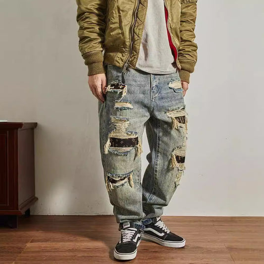 Men's Loose Straight Tapered Distressed Broken Holes Jeans Pants - Tiff's Treasures