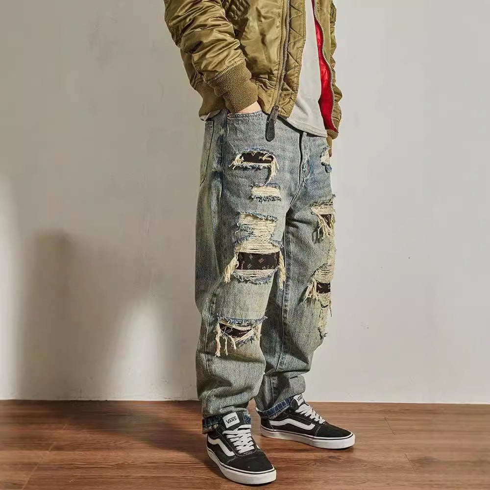 Men's Loose Straight Tapered Distressed Broken Holes Jeans Pants - Tiff's Treasures