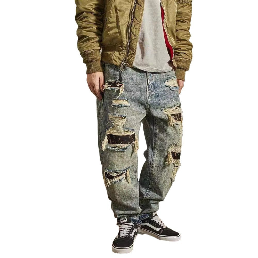 Men's Loose Straight Tapered Distressed Broken Holes Jeans Pants - Tiff's Treasures