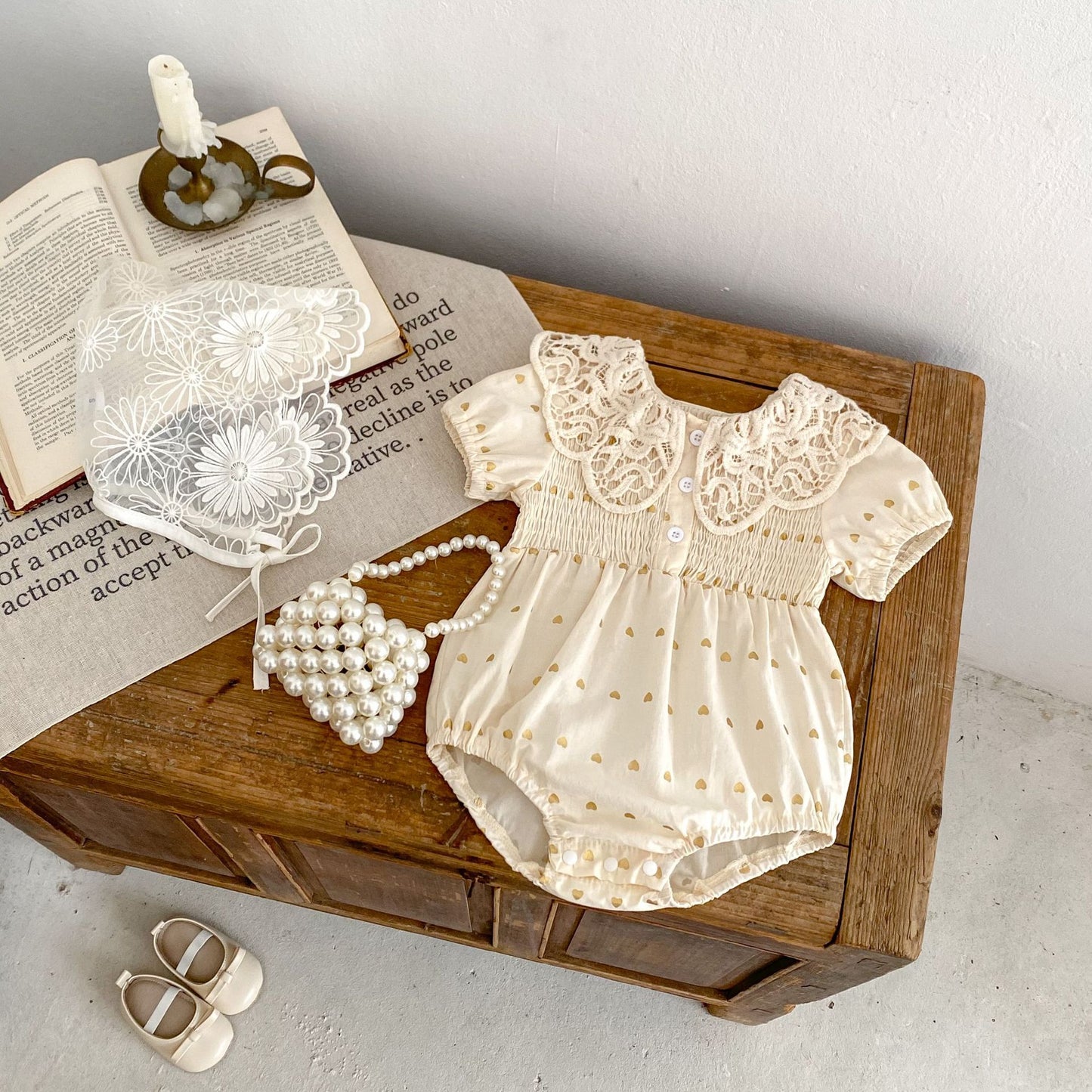 Big Lace Lapel Heart Printing Short Sleeved Kazakhstan Young Baby Girl Onesie Jumpsuit - Tiff's Treasures