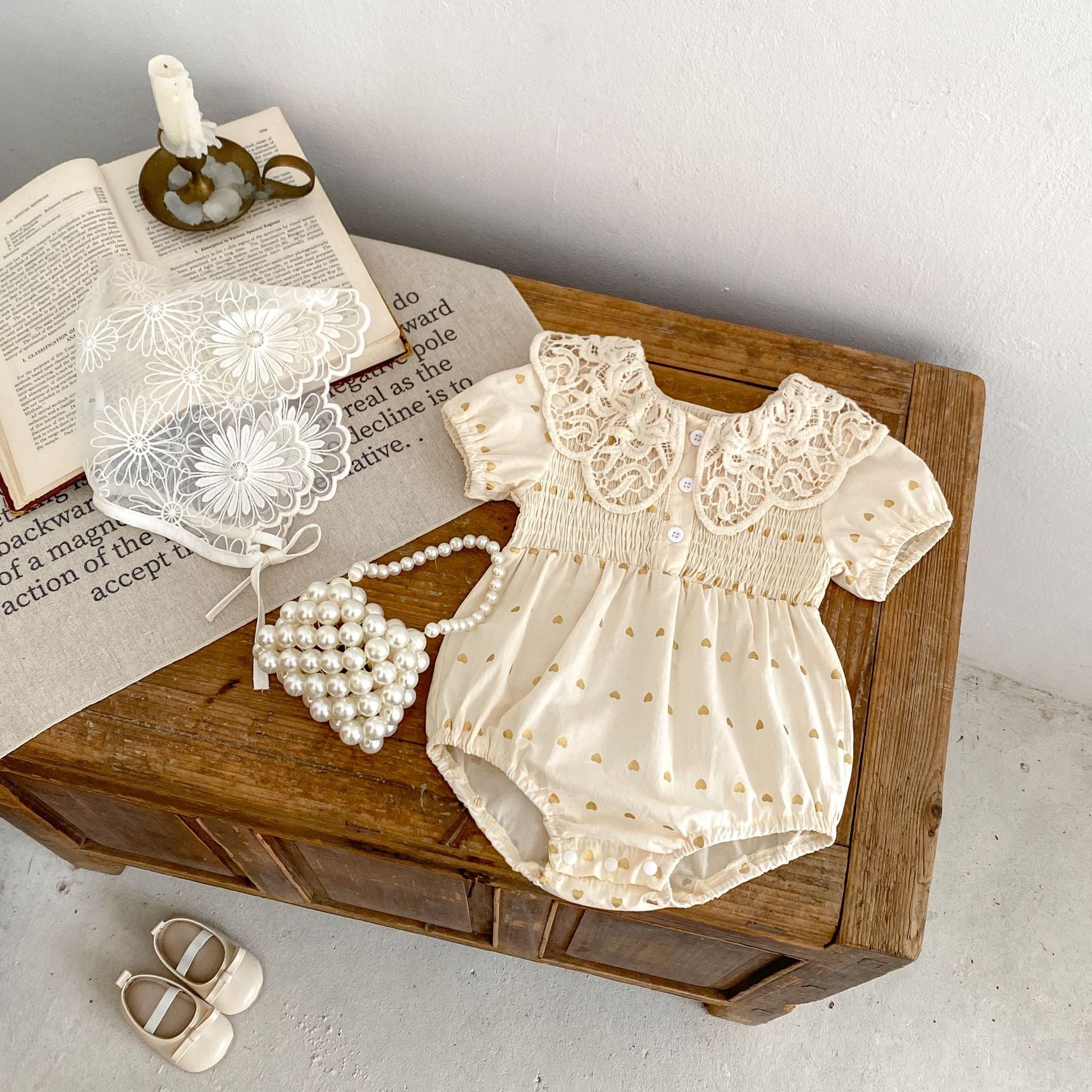 Big Lace Lapel Heart Printing Short Sleeved Kazakhstan Young Baby Girl Onesie Jumpsuit - Tiff's Treasures