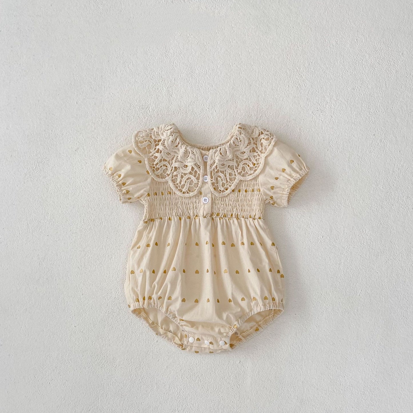 Big Lace Lapel Heart Printing Short Sleeved Kazakhstan Young Baby Girl Onesie Jumpsuit - Tiff's Treasures