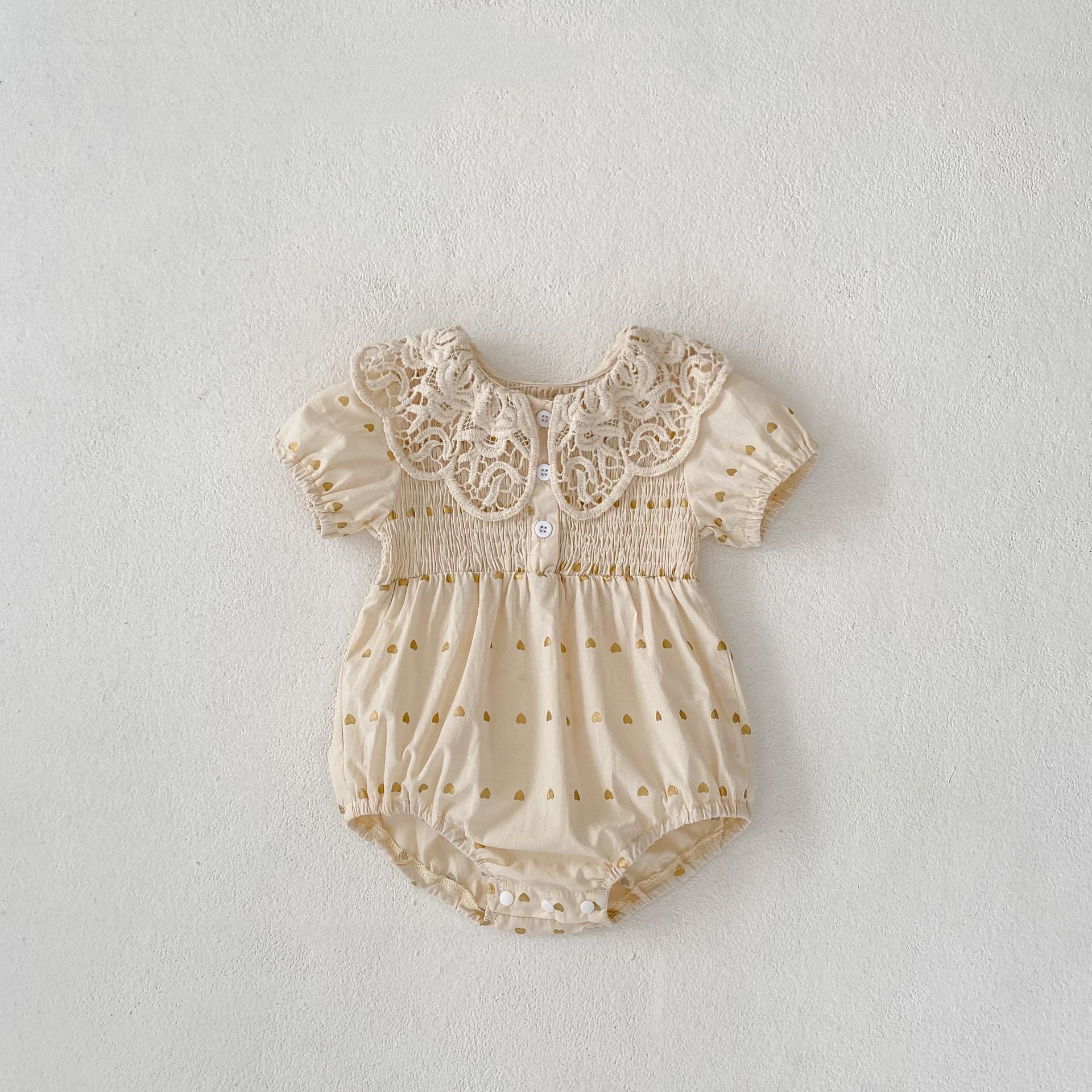 Big Lace Lapel Heart Printing Short Sleeved Kazakhstan Young Baby Girl Onesie Jumpsuit - Tiff's Treasures