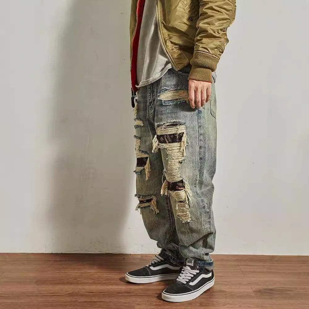 Men's Loose Straight Tapered Distressed Broken Holes Jeans Pants - Tiff's Treasures