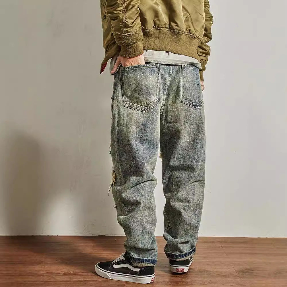 Men's Loose Straight Tapered Distressed Broken Holes Jeans Pants - Tiff's Treasures