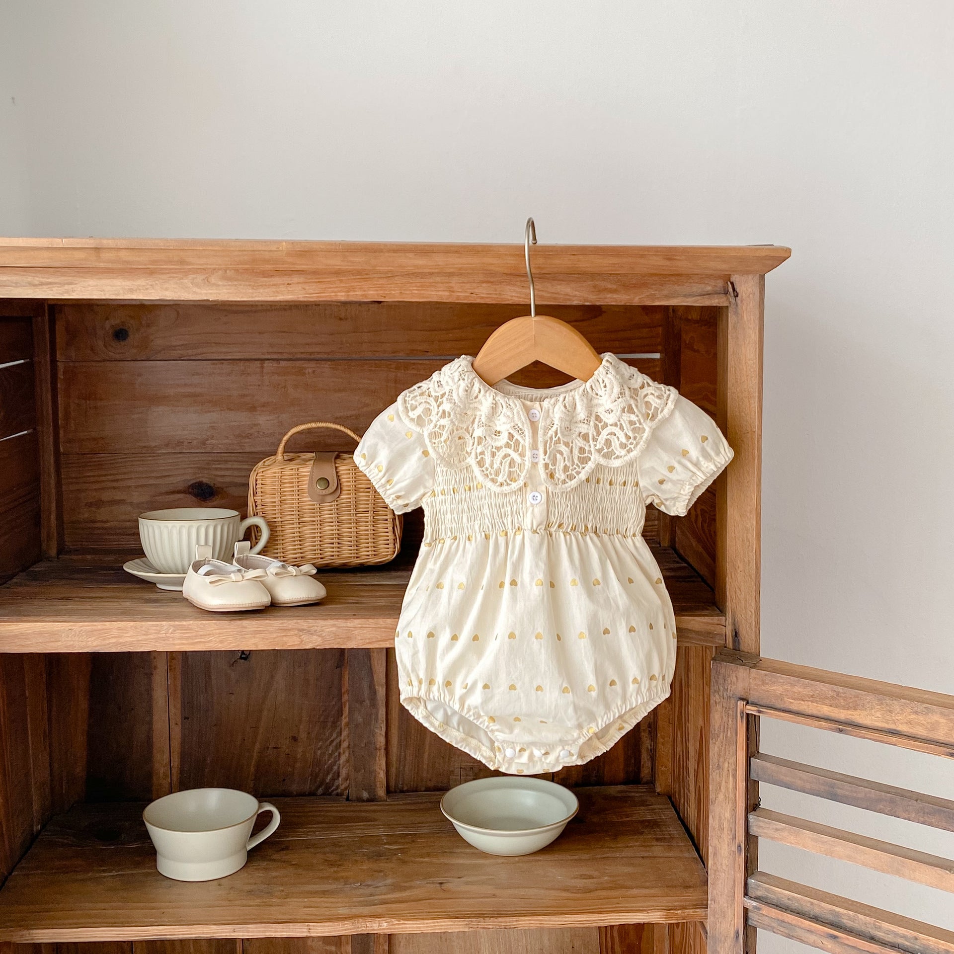 Big Lace Lapel Heart Printing Short Sleeved Kazakhstan Young Baby Girl Onesie Jumpsuit - Tiff's Treasures