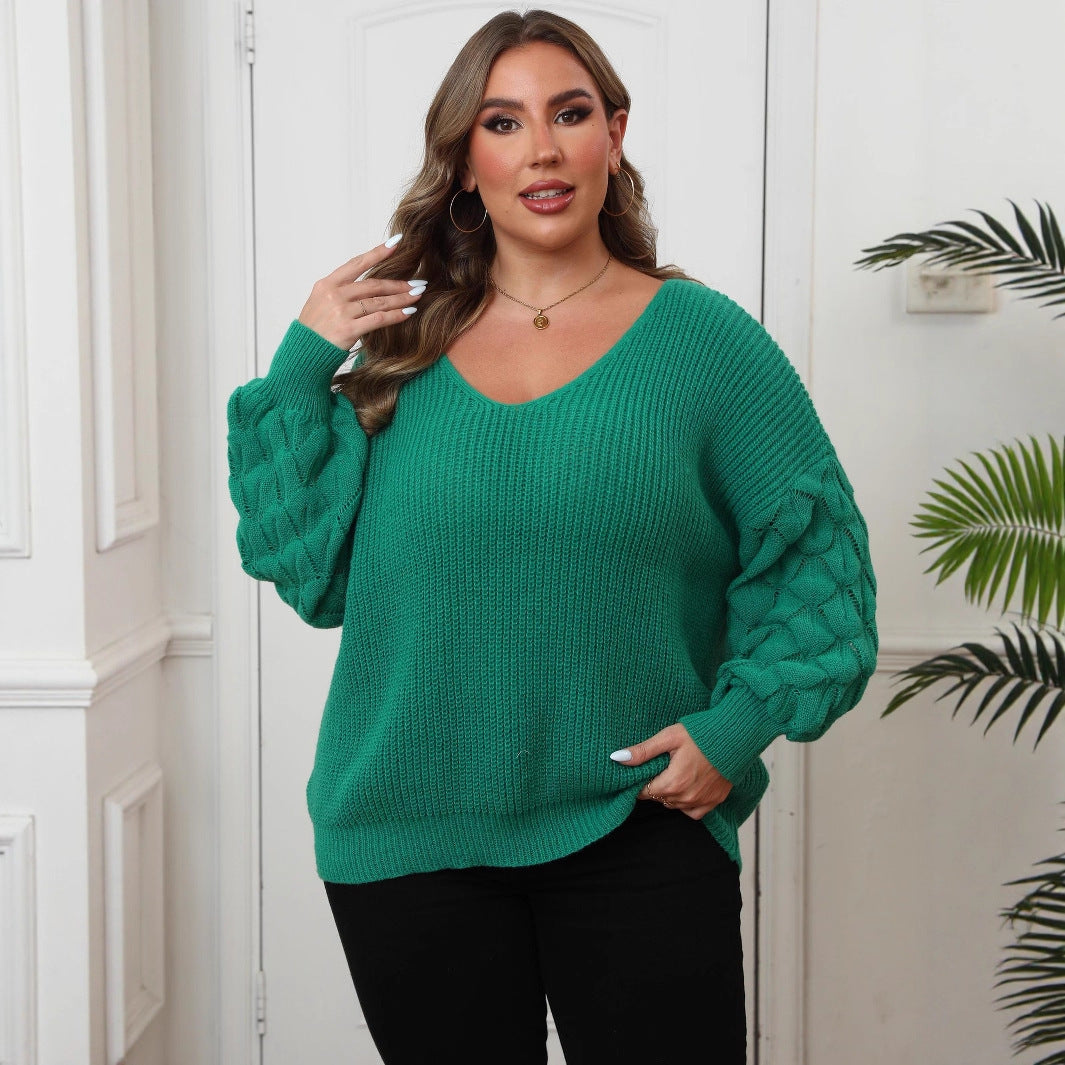 Plus Size Women's Pineapple Sleeve Stitching Deep V Woven Leisure Pullover Sweater - Tiff's Treasures
