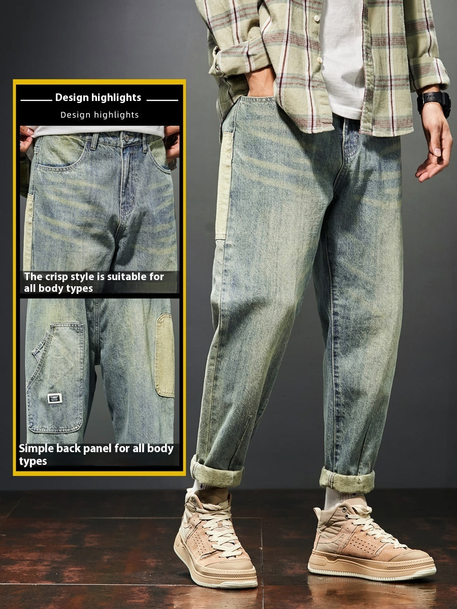 Men’s Retro Stretch Jeans – Yellow Mud Wash, Loose Fit Casual Denim Pants - Tiff's Treasures