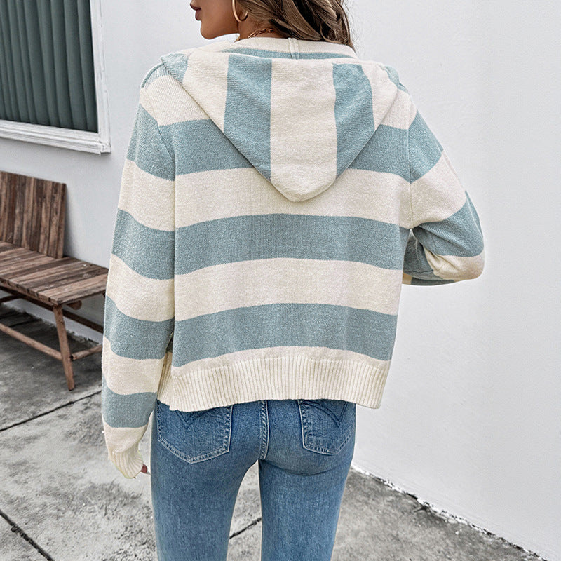 European & American Striped Contrast‑Color Zipper Cardigan Sweater - Tiff's Treasures