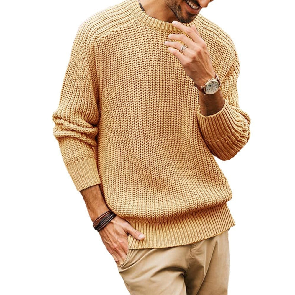 Men's Solid Color Long Sleeve Round Neck Fashion Sweater Loose Retro Sweater - Tiff's Treasures
