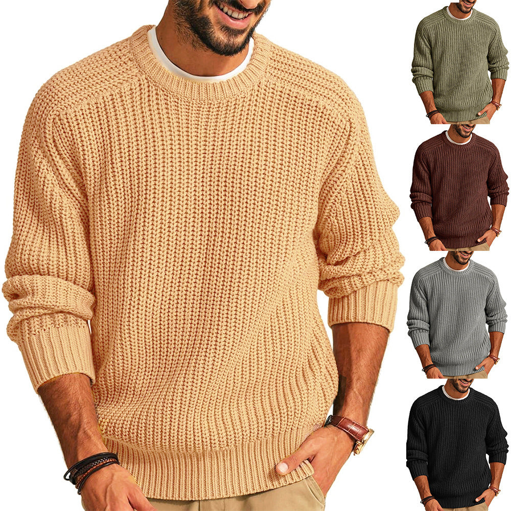 Men's Solid Color Long Sleeve Round Neck Fashion Sweater Loose Retro Sweater - Tiff's Treasures